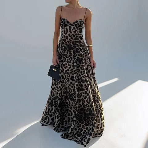 Leopard Sleeveless Backless High Waist Maxi Dress