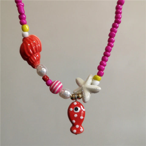 Ceramic Fish Starfish Shell Combo Necklace