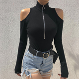 Cut Shoulder Zip Up Turtleneck Top