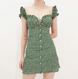 Buttoned Floral Mini Dress With Ruffled Shoulders