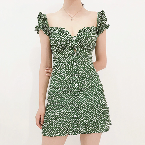 Buttoned Floral Mini Dress With Ruffled Shoulders