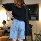 Long Distressed Denim Shorts