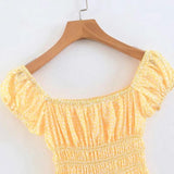 Yellow Floral Mini Dress With Puff Shoulder