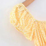 Yellow Floral Mini Dress With Puff Shoulder