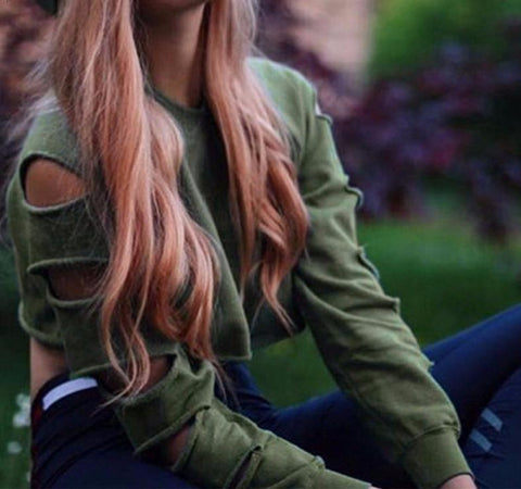 French Terry Cut Sleeve Crop Top Sweater