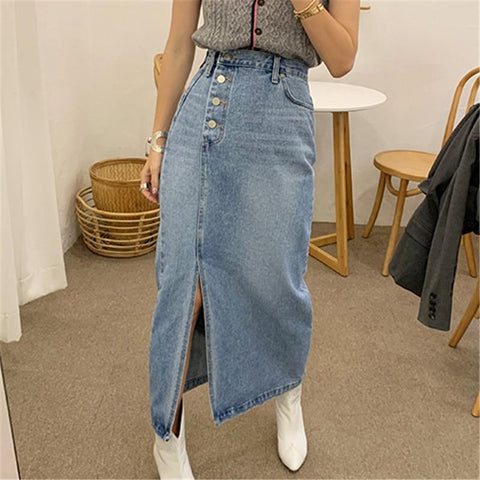 High Waisted Vintage  Split Denim Midi Skirt