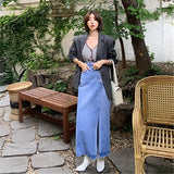 High Waisted Vintage  Split Denim Midi Skirt