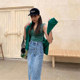 High Waisted Vintage  Split Denim Midi Skirt