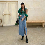 High Waisted Vintage  Split Denim Midi Skirt