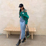 High Waisted Vintage  Split Denim Midi Skirt