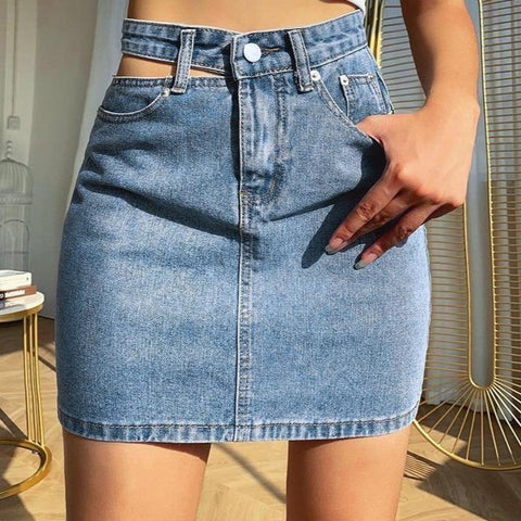 Side Cut High Waisted Denim Skirt