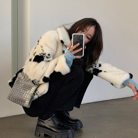 Turn Down Collar Speckled Fur Coat