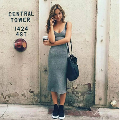 V Neck Spaghetti Strap Midi Dress