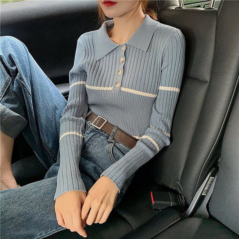 Ribbed Collared Knitted Blouse