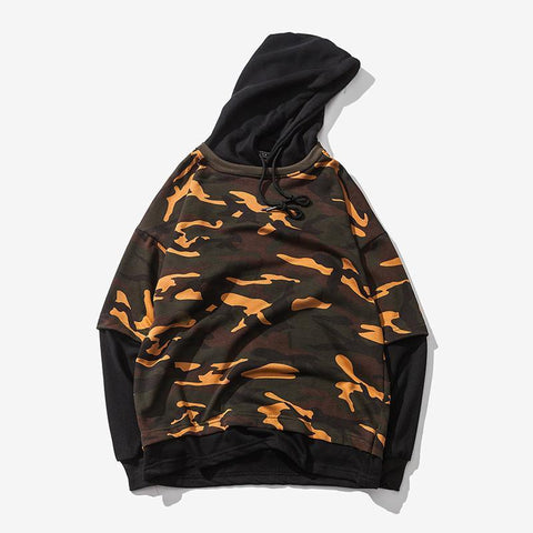 Camouflage Drop Shoulder 2 Layered Hooded Shirt