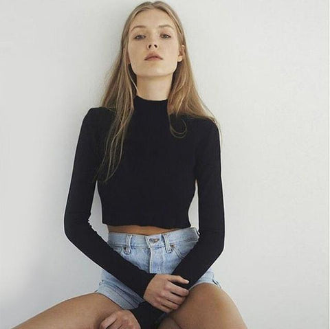 Slim Soft Elastic Turtleneck Crop Top