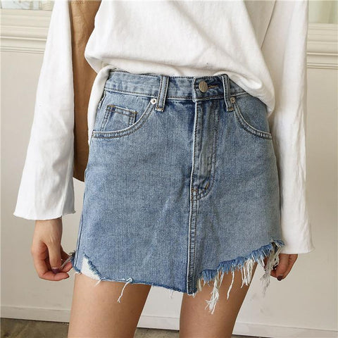 Asymmetrical Distressed Jean Skirt