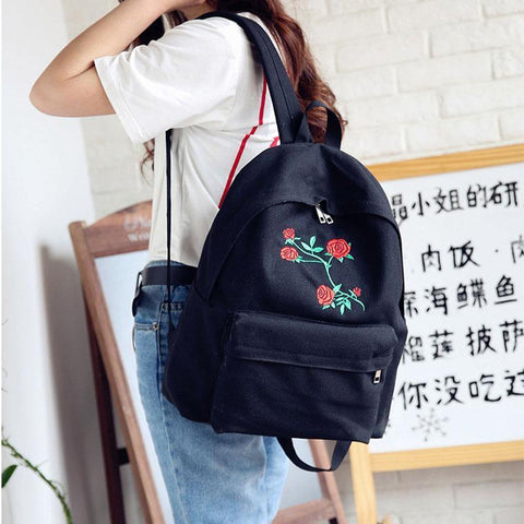 Embroidered Rose Canvas Backpack