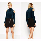 Velvet High Collar Exposed Shoulder Top