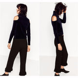 Velvet High Collar Exposed Shoulder Top