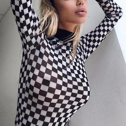 Checkered Meshed Long Sleeve Tee