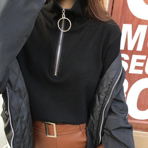 Zip Up Knitted Turtleneck Sweater