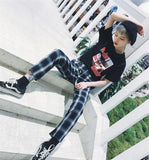 Vintage Plaid Casual Trousers With Metal Buckle