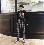 Vintage Plaid Casual Trousers With Metal Buckle
