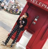 Vintage Plaid Casual Trousers With Metal Buckle