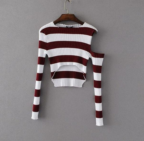 Cut Shoulder Knitted Striped Top