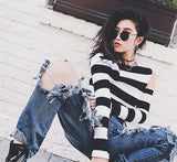 Cut Shoulder Knitted Striped Top