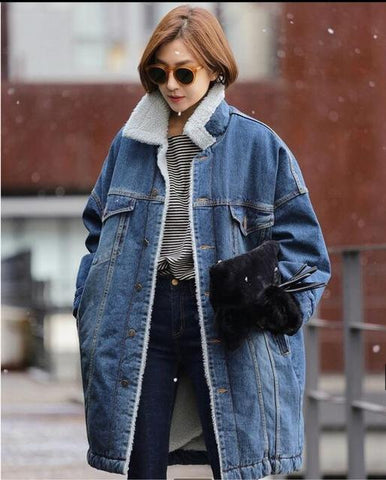 Long Denim Coat With Sherpa Lining