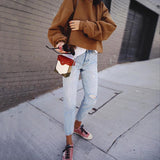 Drop Shoulder Khaki Pullover Sweater