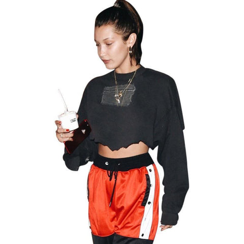 Denim Patch Distressed Crop Hoodie