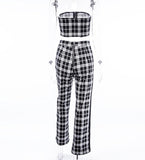 Plaid Two Piece Tube Top Trouser Set