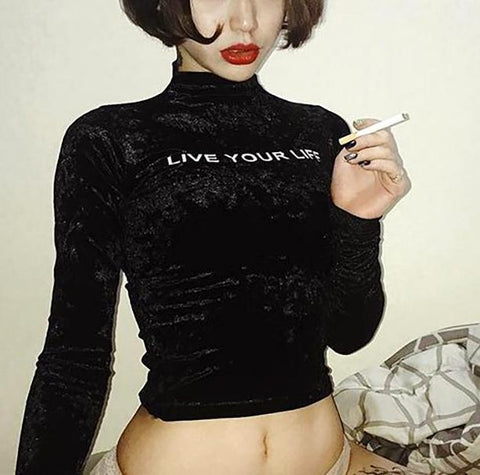 "Live Your Life" Velvet Turtleneck