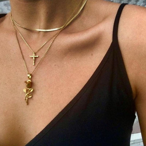 Cross And Rose Two Piece Necklace Set