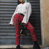 Red Plaid High Waisted Trousers