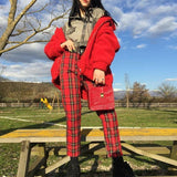 Red Plaid High Waisted Trousers