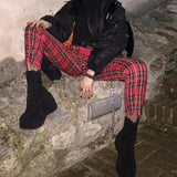 Red Plaid High Waisted Trousers