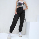 High Waisted Black Nylon Cargo Pants