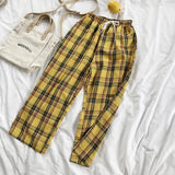 Yellow Plaid Straight Leg High Waisted Trousers