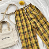 Yellow Plaid Straight Leg High Waisted Trousers