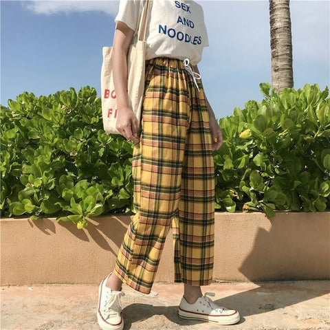Yellow Plaid Straight Leg High Waisted Trousers