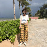 Yellow Plaid Straight Leg High Waisted Trousers