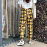 Yellow Plaid Straight Leg High Waisted Trousers