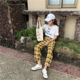 Yellow Plaid Straight Leg High Waisted Trousers