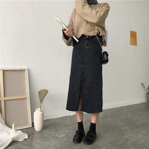 Middle Split Denim Midi Skirt