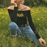 Embroidered Sunflower Cut Shoulder Top