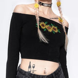 Embroidered Sunflower Cut Shoulder Top